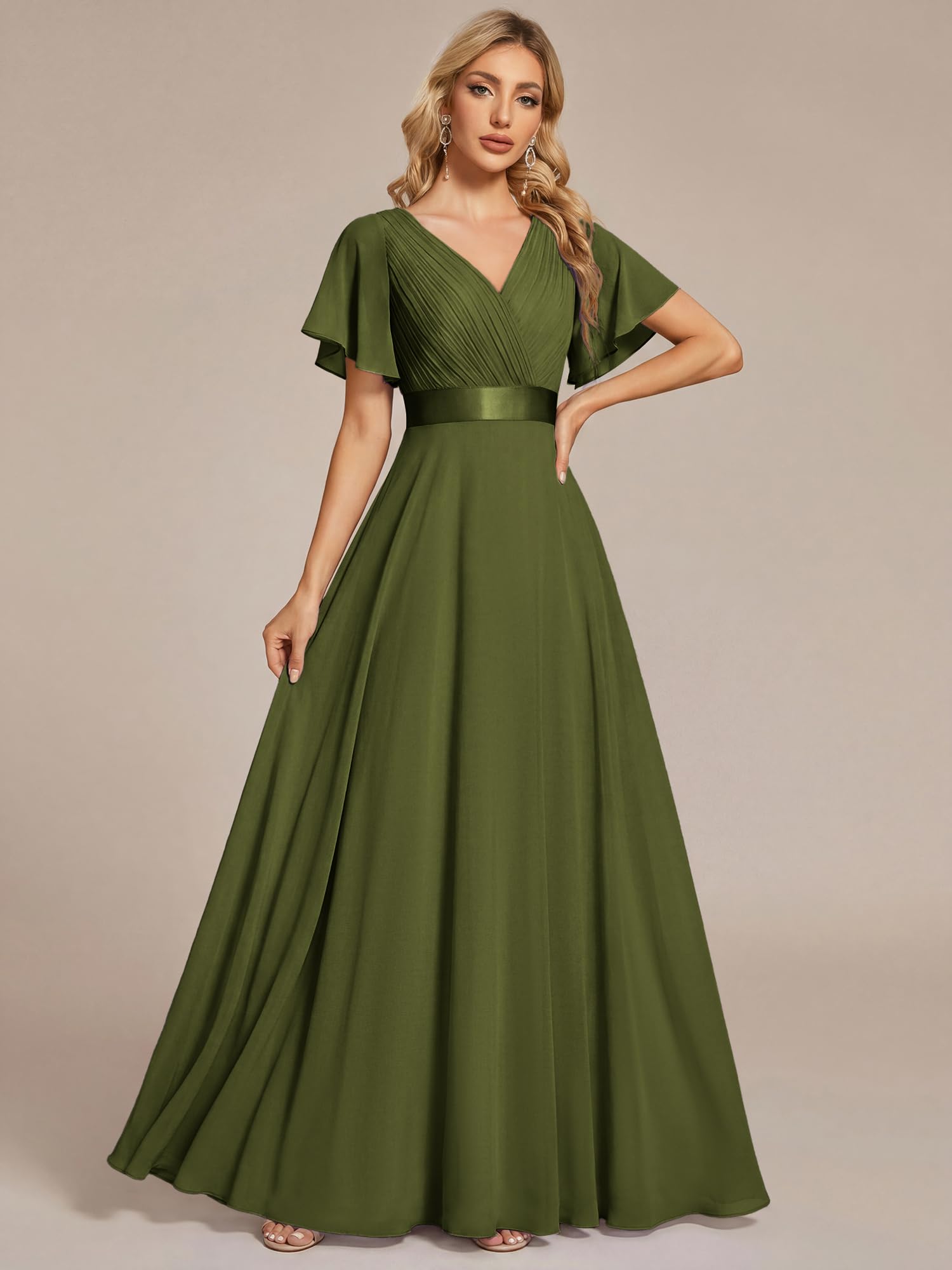 Ever-Pretty Robes de Demoiselle d'honneur Col en V Manches Courtes Mousseline Maxi Robe évasée ES09899