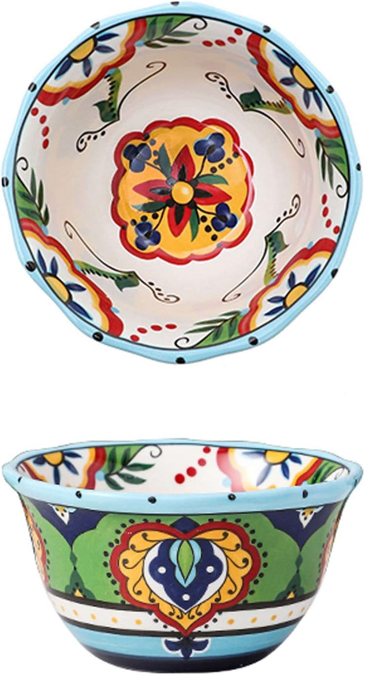 ramen bowl set,fruit bowl,ramen bowl,large serving bowls,2 Beautiful Pattern Bohemian Style Ceramic Rice Bowls,Cereal Bowl for Breakfast,Small Popcorn Bowls,Serving Bowl for Soup,Snack Bowl-A-1 ( Colo