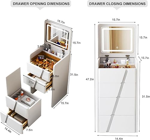 Miniatura 2 de Escritorio de tocador con espejo iluminado, mesa de tocador de maquillaje con 4 cajones y taburete acolchado suave, ahorro de espacio para mujeres y