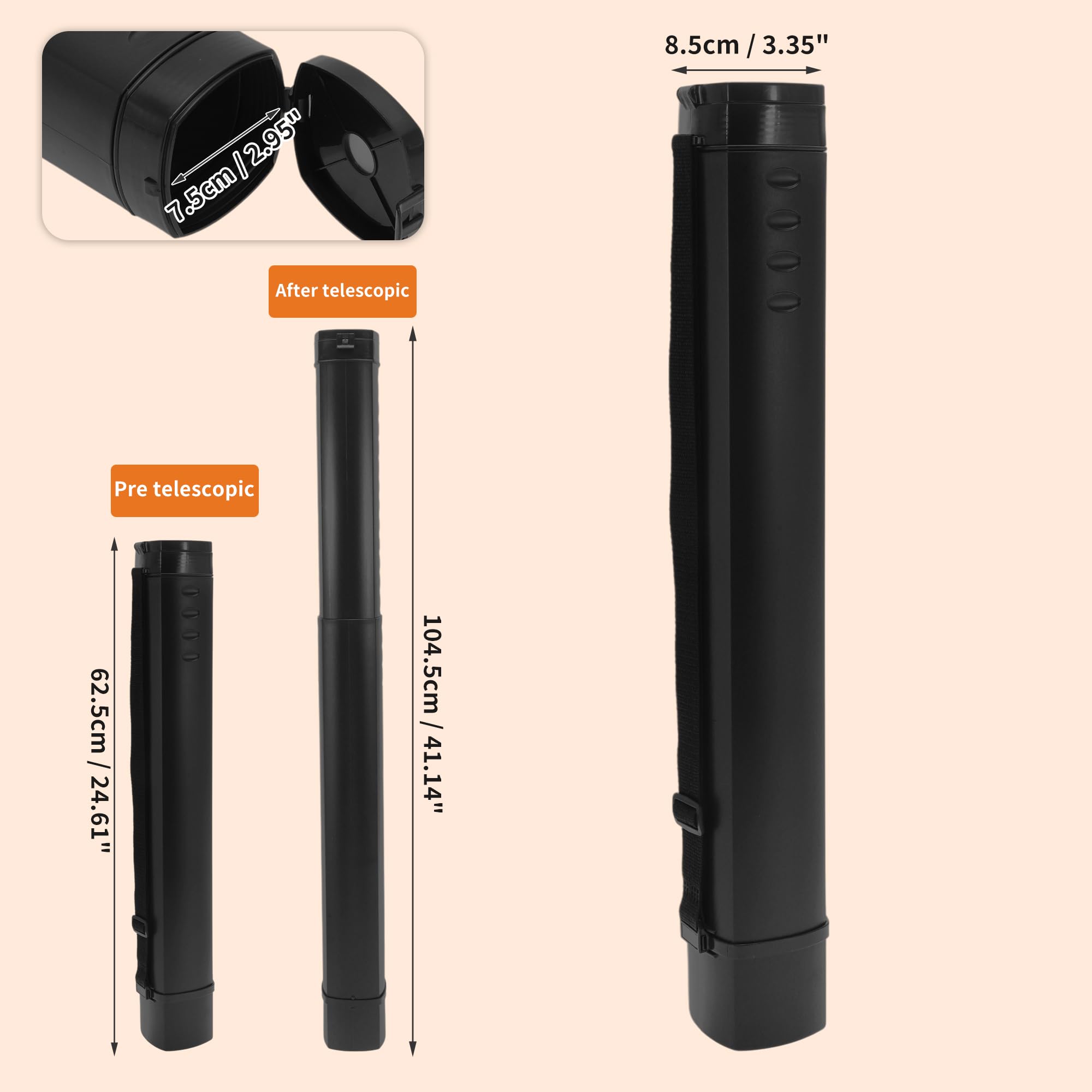 Tube À Affiche Extensible Rouleau à Poster Télescopique 62,5-104,5 cm Imperméable Noir avec Bandoulière