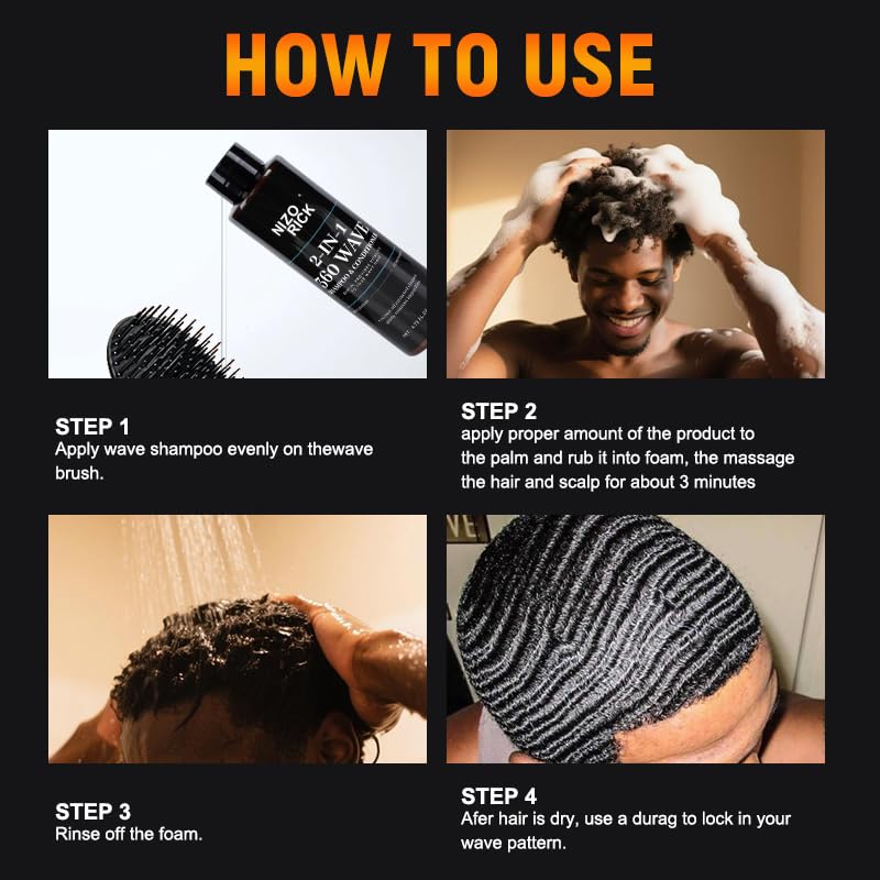 2-in-1 360 Wave Shampoo & Conditioner for Black Men – Biotin, Coconut Oil & Castor Oil – Deep Cleansing, Nourishing & Wave Defining – Improves Dryness & Frizz – 140ml/4.73fl.oz