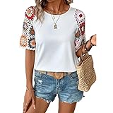 Melliflo Womens Shirts Floral Crochet Short Sleeve Crewneck Shirt Casual Pullover Blouse Summer Tops White