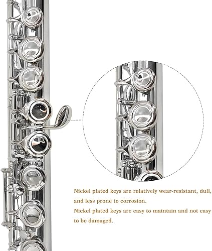 Miniatura 13 de YANASON - Flauta C con agujero cerrado de 16 teclas niquelada para principiantes, niños, estudiantes con estuche de transporte, soporte de metal