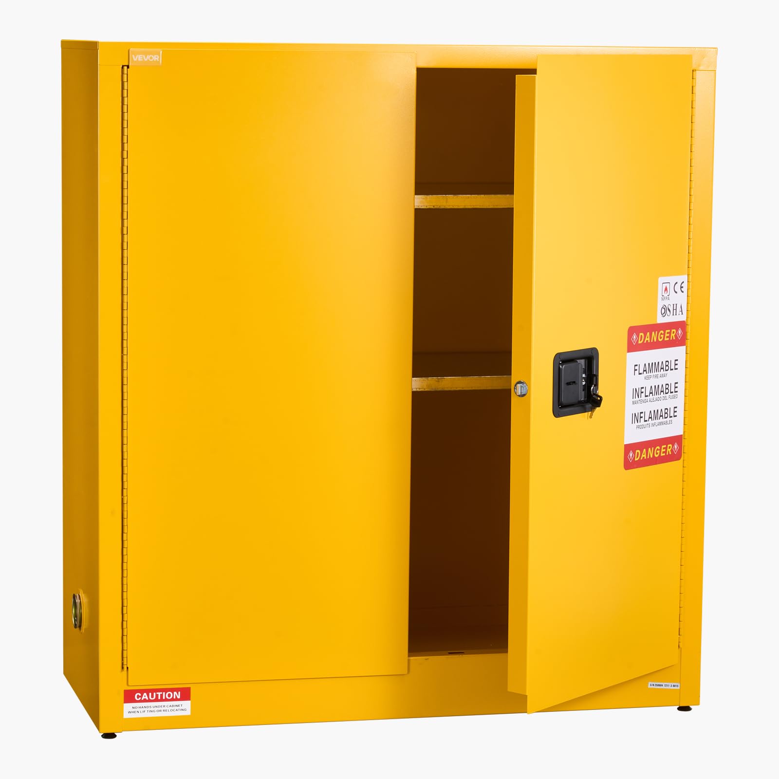 VEVOR feuerlöschfähiger brennbarer Lagerschrank (110 L) mit verstellbarem Regal, aus kaltgewalztem & verzinktem Stahl, Gelb Schutzschrank Gefahrstoffschrank