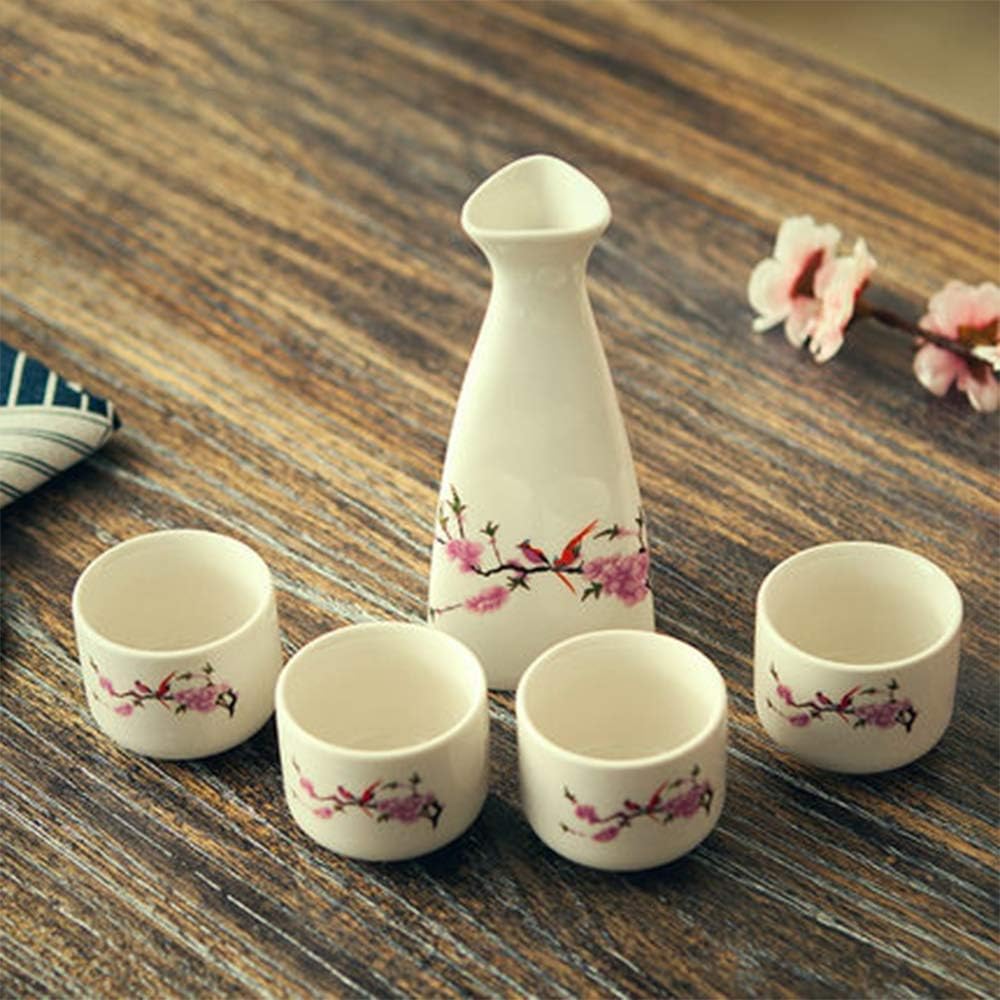 Japanese Sake Set White and Flowering - Including 1PCS Sake Pot 4 PCS Sake Cup - Wine Glass Ceramic Jug Wine Glass a Cup