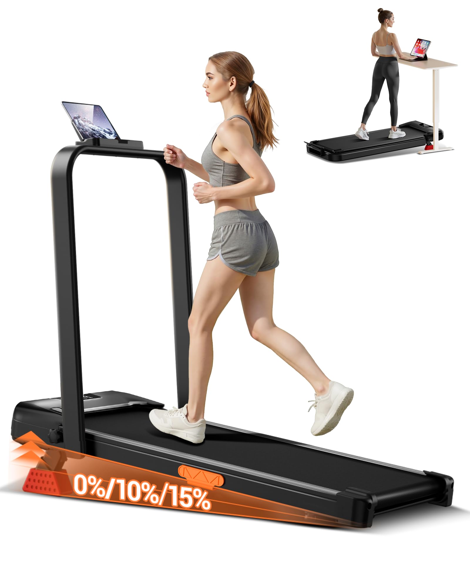 3-in-1 Walking Pad with 10% Incline, Portable Under Desk Treadmill, Foldable Treadmills for Home and Office, 2.5 HP Quiet Walking Pad Treadmill with 300 LBS Capacity