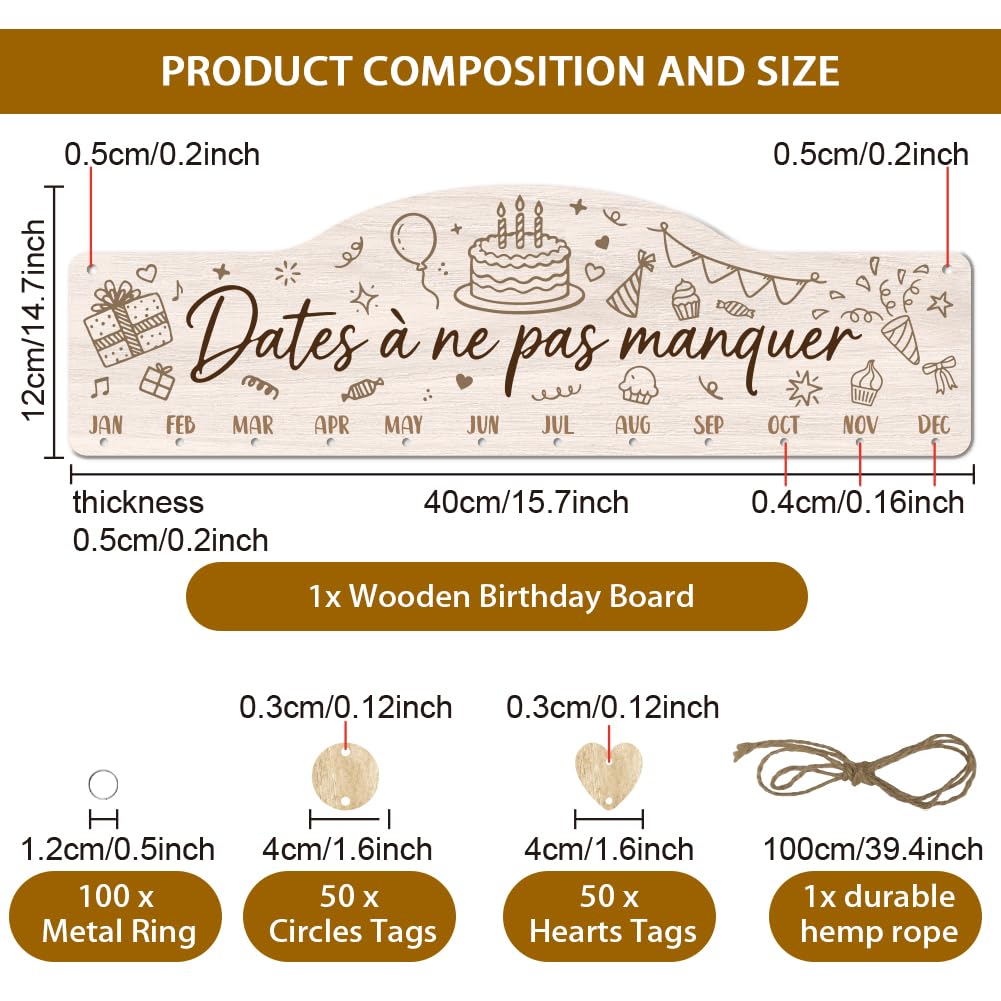 Arricraft Calendrier de rappel d'anniversaire en bois 40x12cm gâteau scintilles étoile avec 100 étiquettes