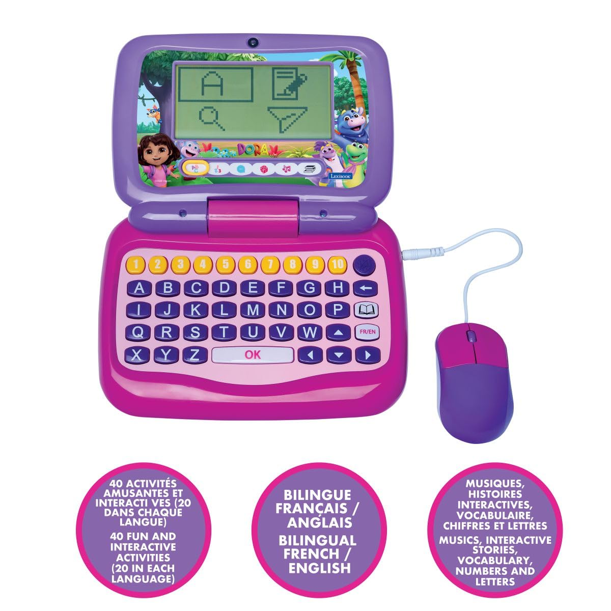 Lexibook, Power Kid® dwujęzyczny laptop edukacyjny Dora - 40 działań w języku francuskim i angielskim, różowy, JC398DORi1LXB