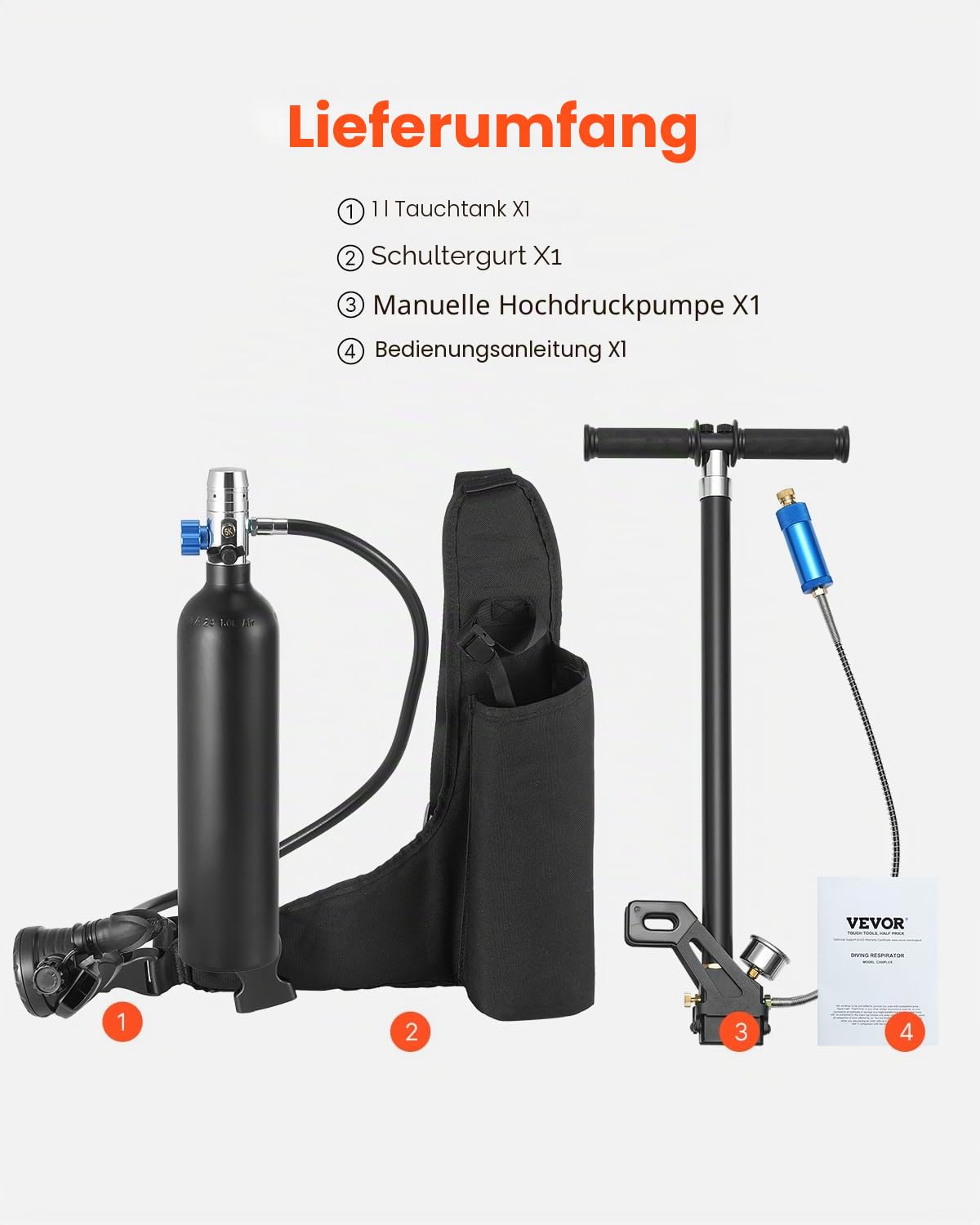 VEVOR Tauchflasche Tauchtank Sauerstoffflasche zum Tauchen unterstützt 5–10 Minuten Unterwasseratmung, 30 m Tauchtiefe, nachfüllbarer Schnorchel-Lufttank mit Pumpe für Unterwassererkundung