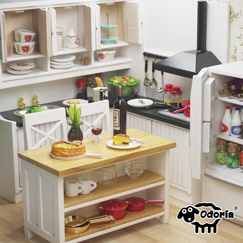 Odoria Puppenhaus Küchenzeile Miniatur Küchenmöbel: 1/12 Maßstab Küchentheke Spüle Backen Ofen Herd Modern Weiß - Mini Kücheninsel Schrank Holz Modell - Mikro Kochen Möbel Diorama DIY Handwerk