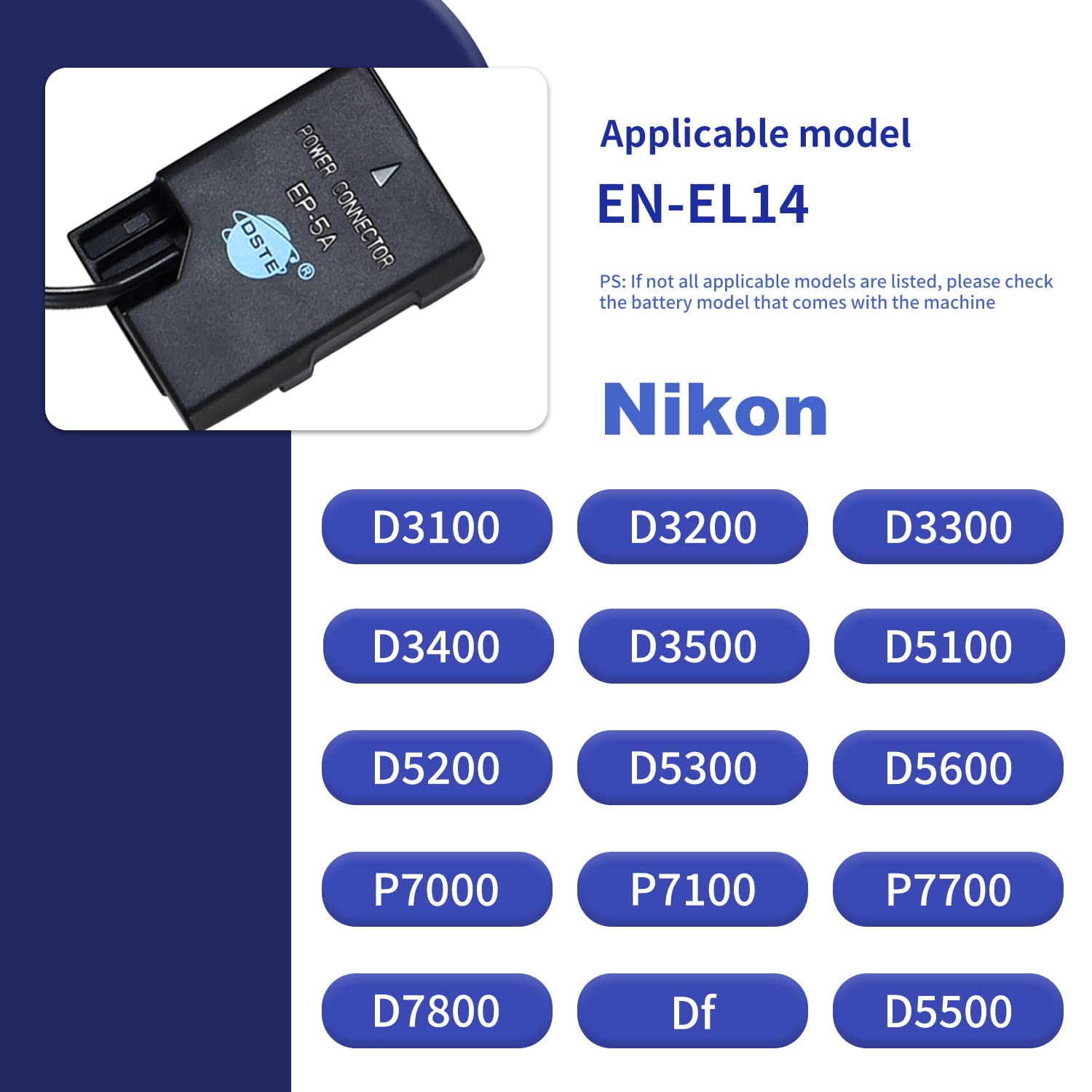 DSTE EH-5 AC - Alimentatore di rete EP-5A, compatibile con Nikon EN-EL14, D3300, D3400, D5300, D5500, D5600, D3200, D5200, D5100, D3S Df, Coolpix P7000, P7100
