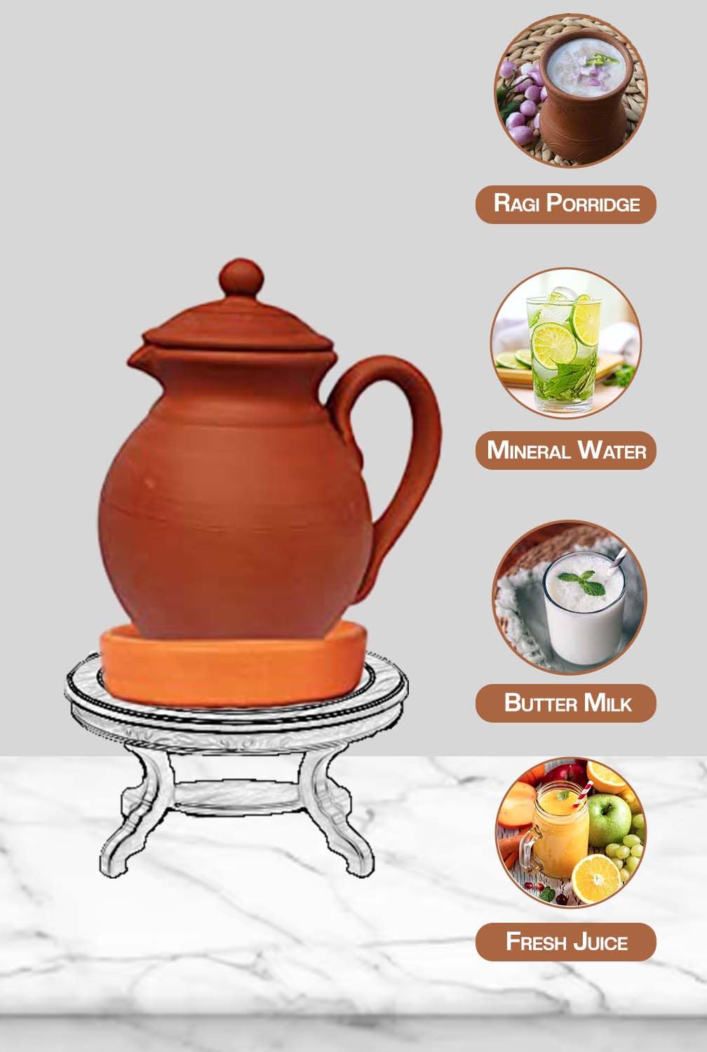 Village Decor Handmade Terracotta Preseasoned Water jug |1.5 Liter with Bottom Tray & Glass 2