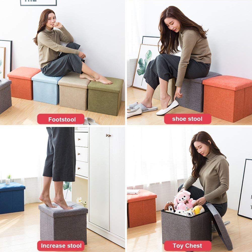 Cubo de Almacenamiento, Plegable Caja Plegable Tela de Lino Reposapiés Taburete con Tapa extraíble Reposapiés Mesa de Centro - Verde 30 cm (Gris 38 cm (15 Pulgadas))