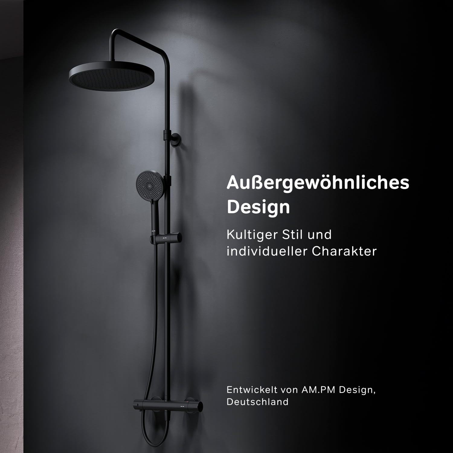AM.PM Play – Duschsystem mit Thermostat | Duscharmatur Komplettset mit Regendusche & Handbrause | Höhenverstellbare Brausestange 5 Strahlarten | Air In & Duschkopf Antikalk | Rub&Clean | Schwarz Matt
