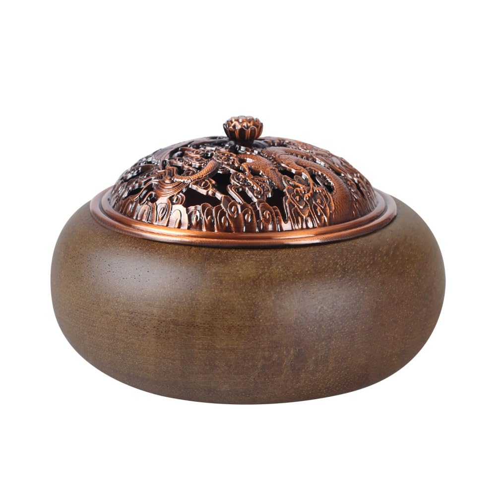 Mioyoow Dragon & Phoenix Cover Incense Burner, Walnut Incense Cone Holder Relief Incense Bowl With Incense Holder & Fireproof Mat For Incense/Cone/Coil/Sticks