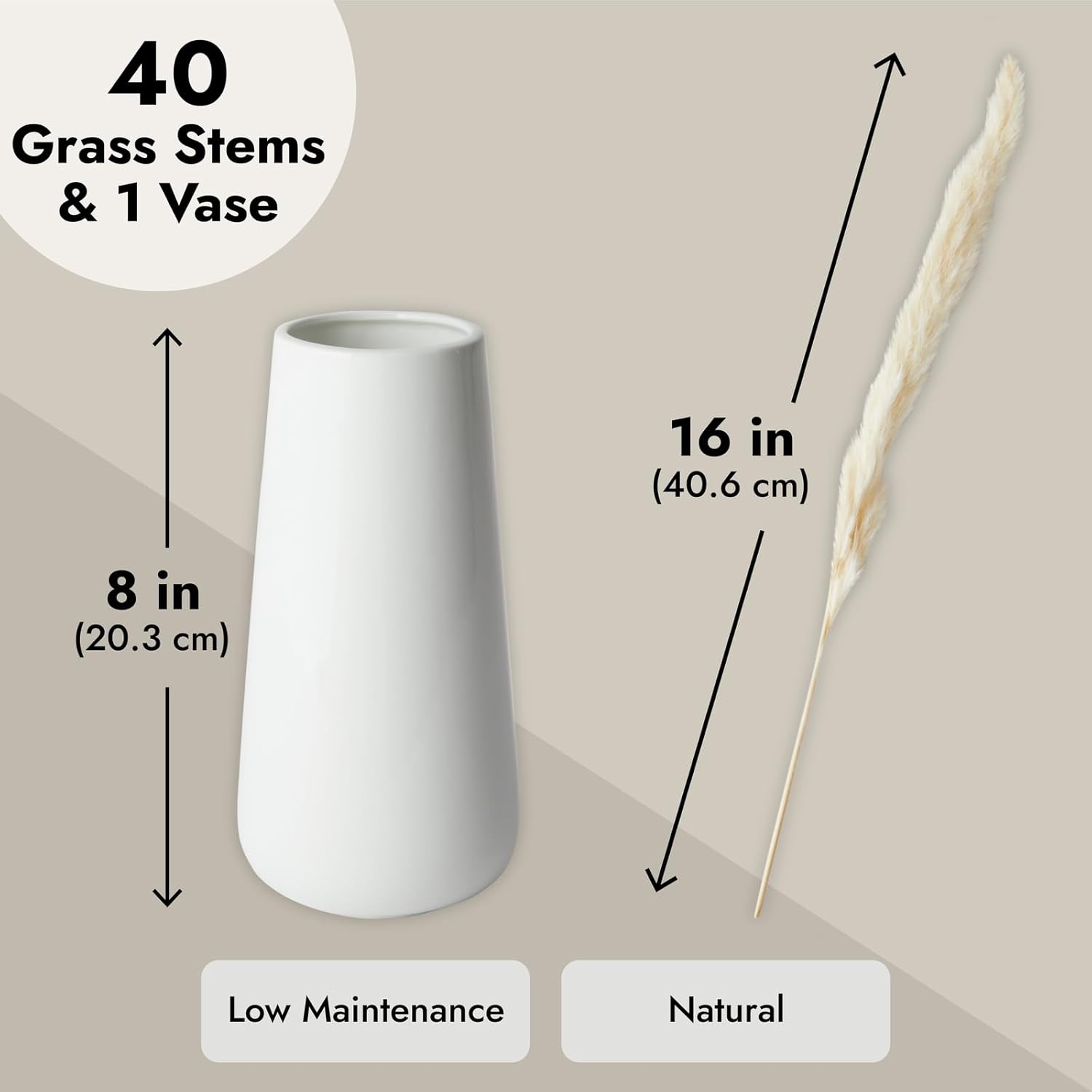 Farmlyn Creek Natural Pampas Grass Bundle & Ceramic Vase - 40 Stems, 16 in Tall, Ivory - Dried Pampas Grass Decor - Rustic Farmhouse Home Decor - Table & Wedding Centerpiece