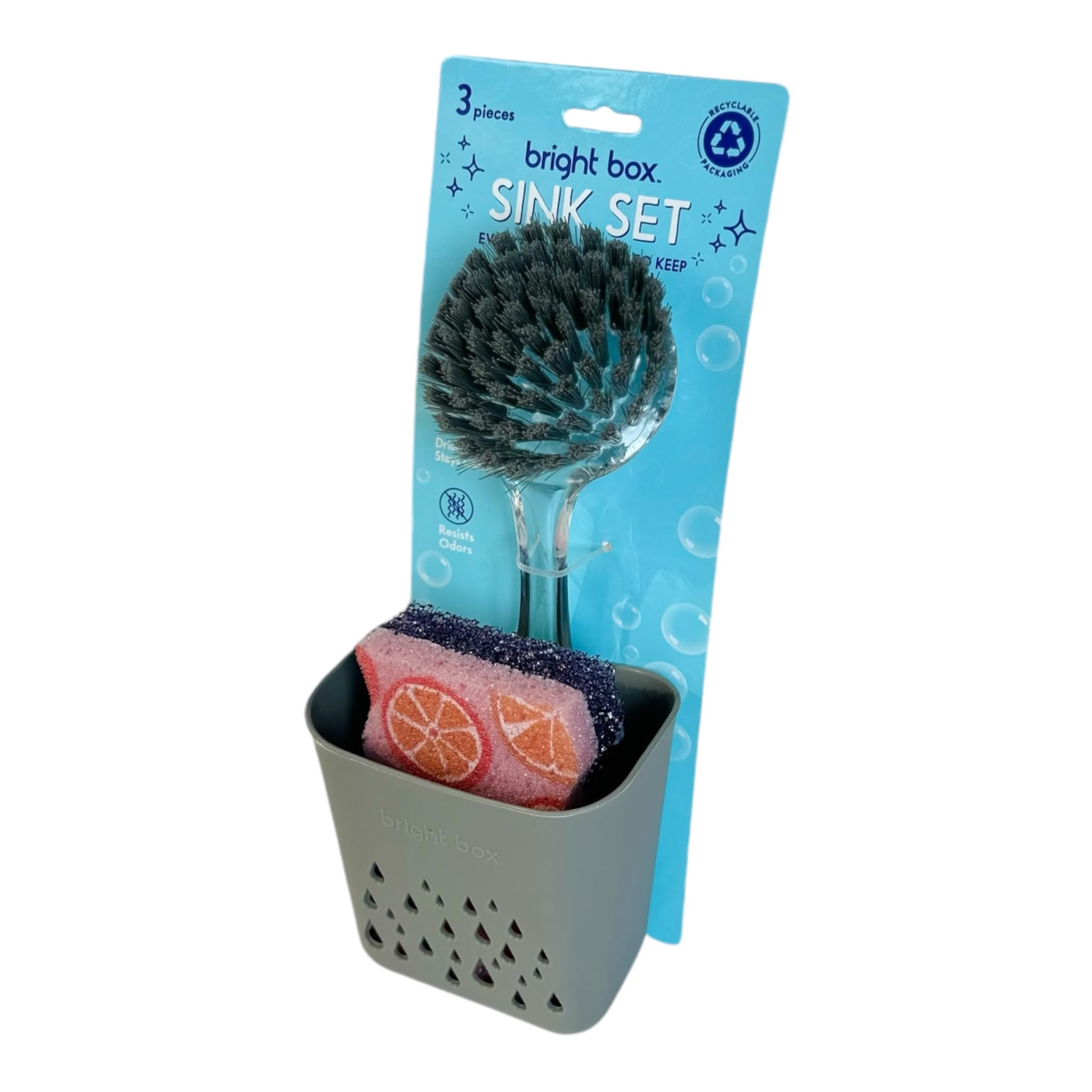 Bright Box Cool Gray/Purple Sink Cleaning Set, 3ct - Brush, Sponge, Caddy