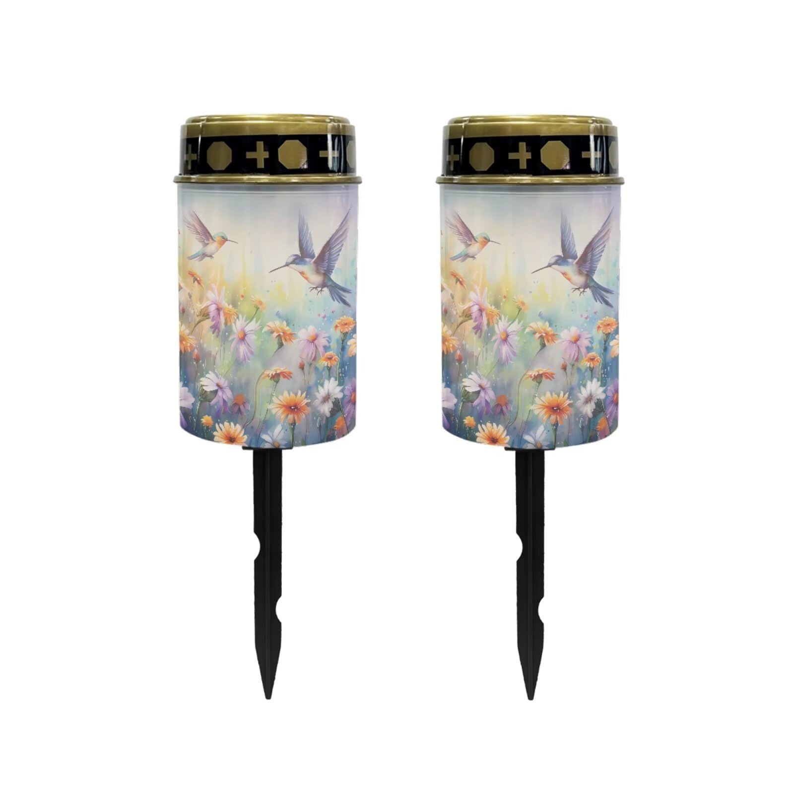 Poceacles Flameless Candle Solar Powered Grave Outdoor Solar Lights Cemetery Candle Lights Fake LED Pillar Candles Outdoor Waterproof Decorative, Hummingbird Daisy Purple, Pack of 2