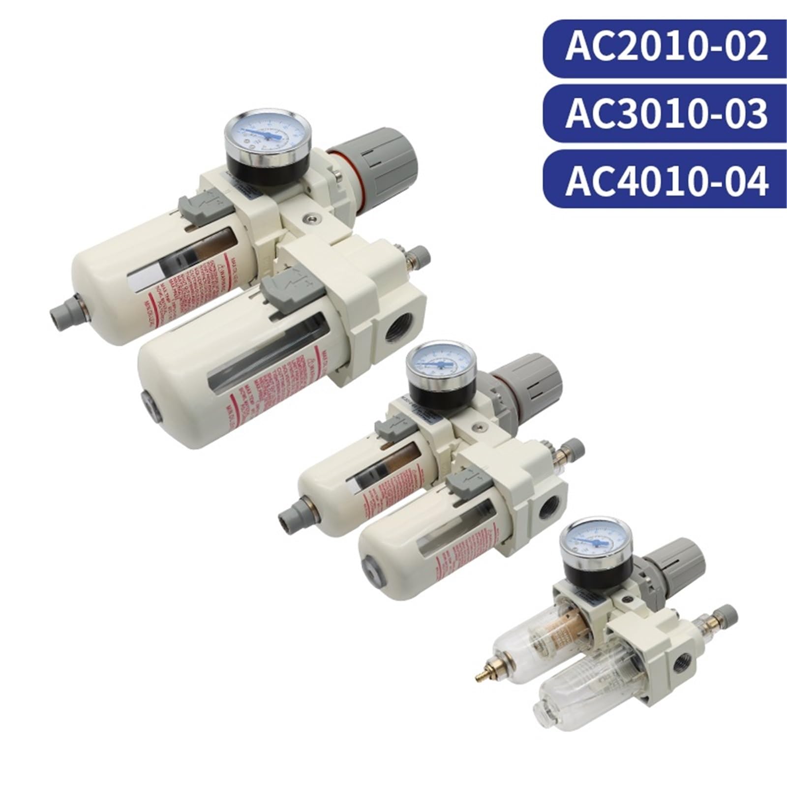 AC2010-02 AC3010-03 AC4010-04 Regulador de presión neumático Separador de agua y aceite Drenaje manual Compresor Filtro de aire Humedad(AC3010-03 EU(SMPM30),Automatic Drainage)