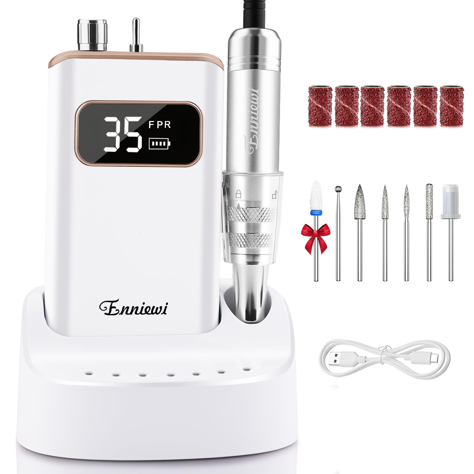 7-in-1 Torno para Uñas Profesional 35000 RPM, lima uñas electrica con Base de y 7 Brocas, para Uñas de Gel de Acrílico Eliminado, Manicure e Pedicure, Inicio / Salón, Blanco