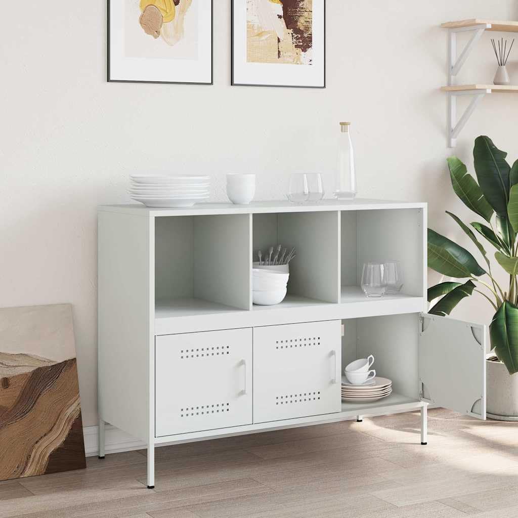 Credenza bianca in metallo, 100,5 x 39 x 79 cm, comò con 3 ante