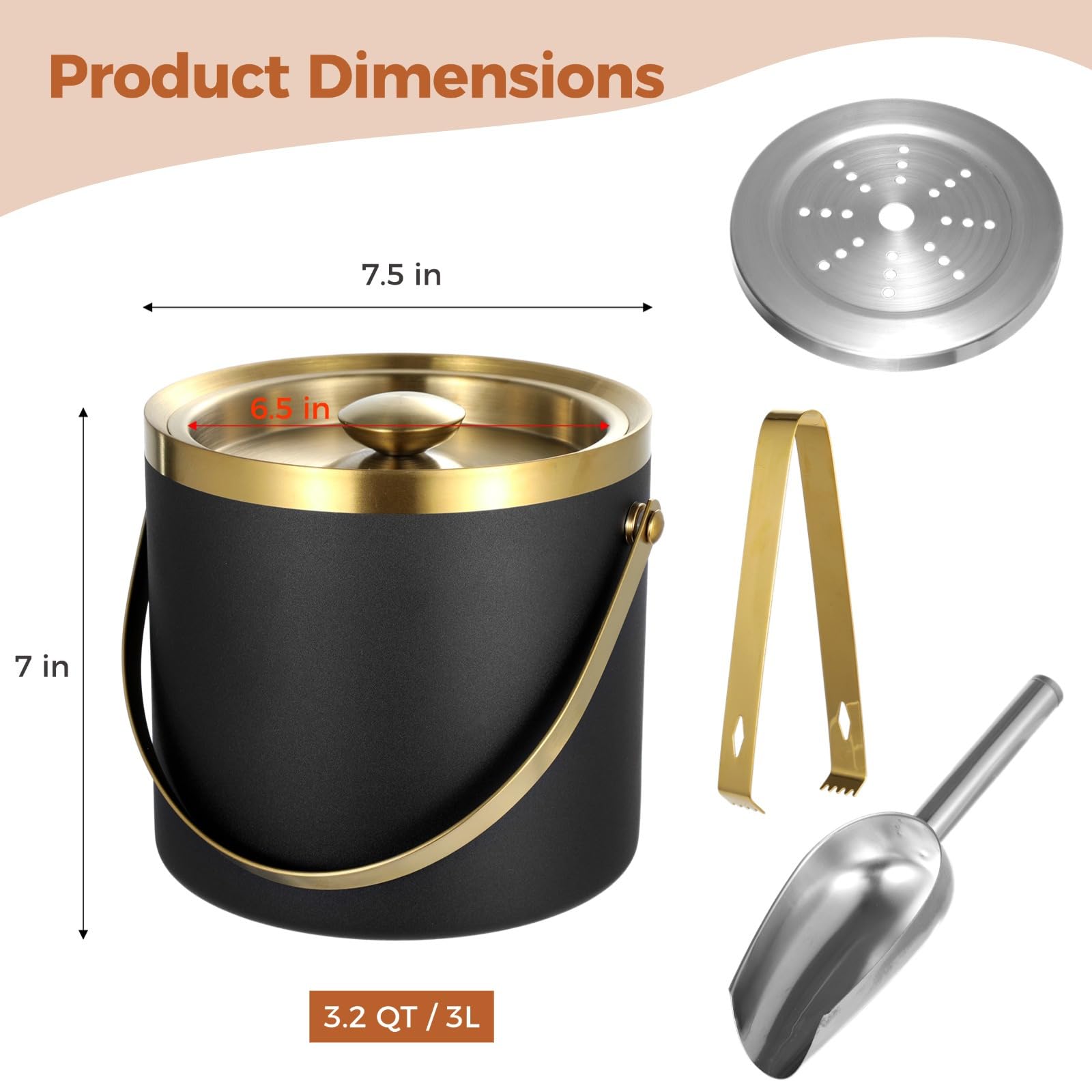 3L Edelstahl Eiskübel mit Dichtungsdeckel, Schaufel, Zange, Sieb, Metall Eisbehälter Groß Wein Eisbehälter, Doppelwand Isoliert, Ideal für Partys, Champagner, Bier