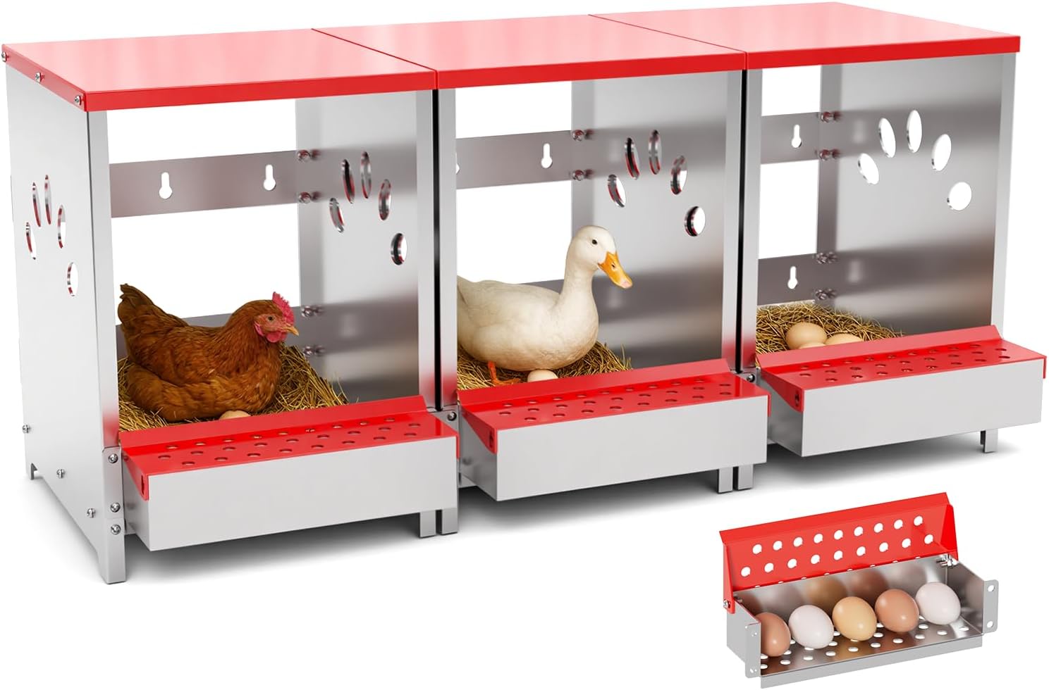 Chicken Nesting Boxes, 3 Hole Large Metal Hen Laying Box with Swing Perch and Roll Away Egg Collection, Wall Mountable with Vented Holes for Chickens Ducks Birds