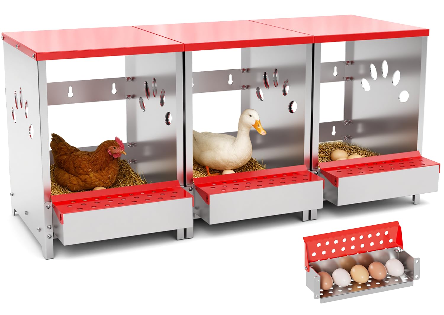Chicken Nesting Boxes, 3 Hole Large Metal Hen Laying Box with Swing Perch and Roll Away Egg Collection, Wall Mountable with Vented Holes for Chickens