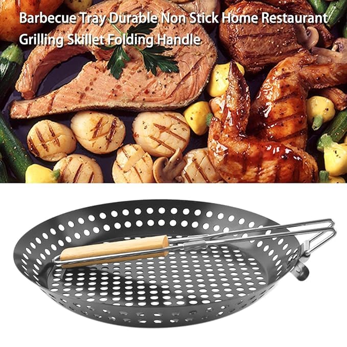 Kruvad Folding Round Frying Pan Grill Basket - Large BBQ Nonstick Grill Wok with Wood Handle, Small, Steel Commercial Outdoor Grilling Stainless Steel Barbeque Woks Accessories [ 53x30x8 CM ] - Image 7 thumbnail