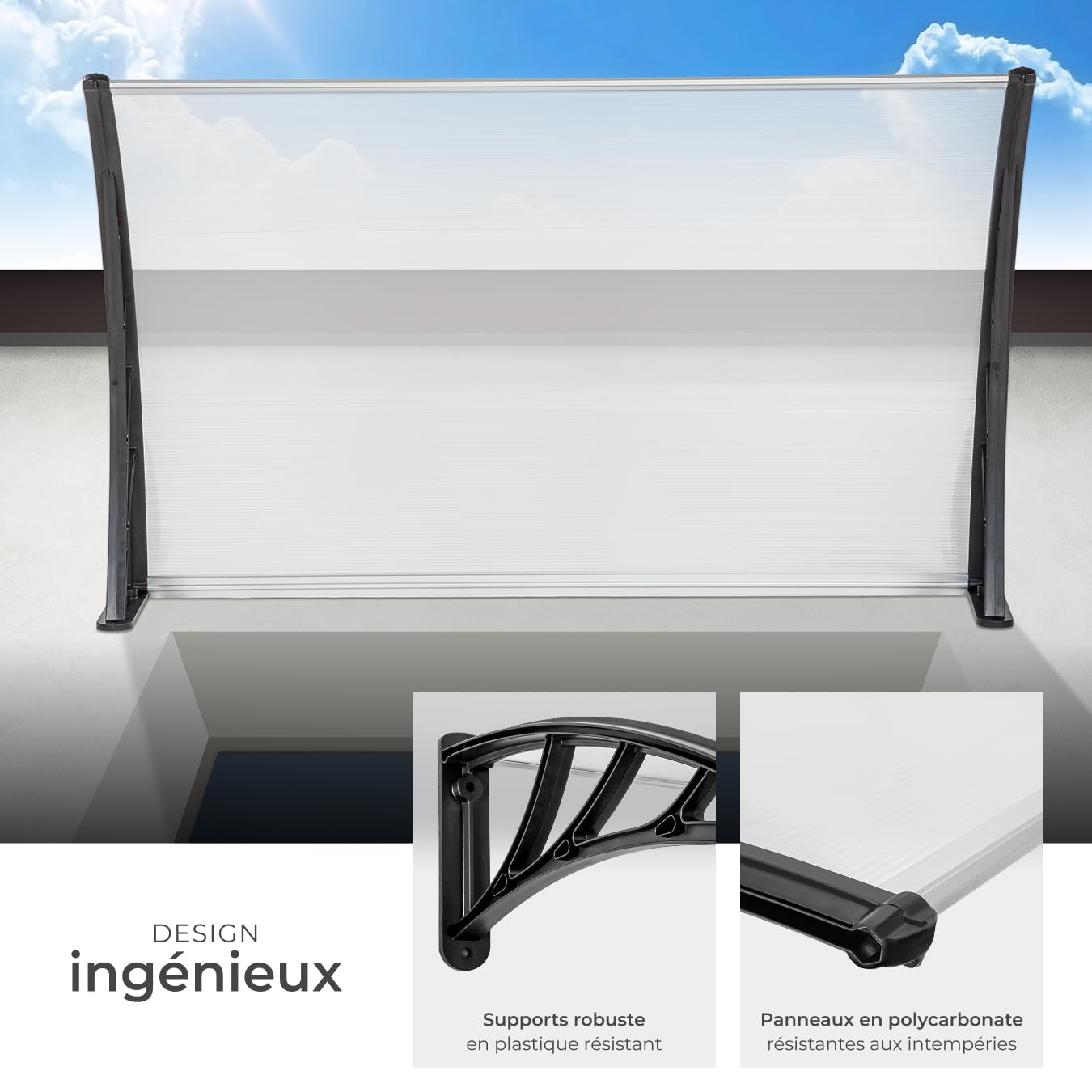 tectake® Auvent Marquise de Porte Exterieur en Polycarbonate Transparent et Indéformable Simple et Rapide à Installer Auvents Protection Pluie Porte d'entrée Maison Fenêtre Vitrine - 120 x 93 cm