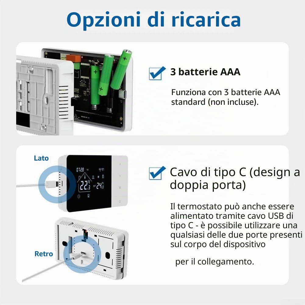 Doppio potere per Tuya WiFi termostato a batteria, termostato intelligente programmabile con funzioni di riscaldamento e raffreddamento per caldaie a gas