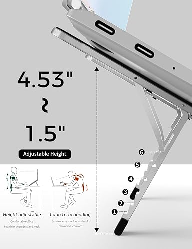 Miniatura 5 de Junfire Soporte plegable para laptop para viajes, elevador ergonómico estable de aluminio para laptop con ajuste de altura de 6 niveles, se adapta a