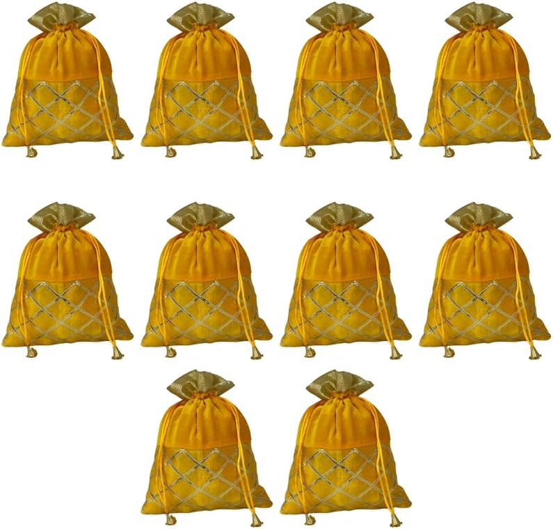 DIVE DECOR Traditional Velvet Potli Bags for Women and Girls - Large Potli Bags for Parties, Weddings and Festive Season | Perfect Gifting Option for Giveaways (Pack of 10, Yellow)