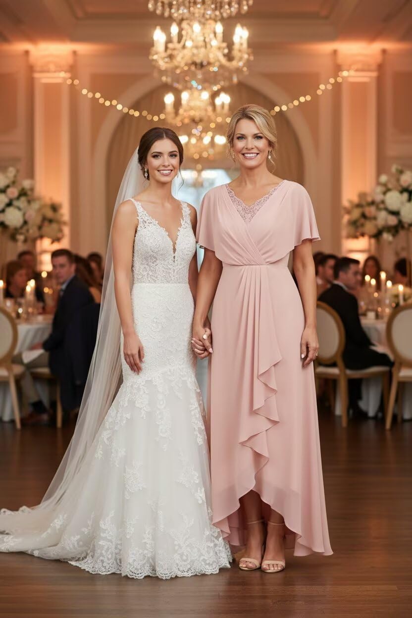 V-Neck Appliques Mother of the Brides Dresses Ruffles Chiffon Formal Bridesmaid Dress with Slit