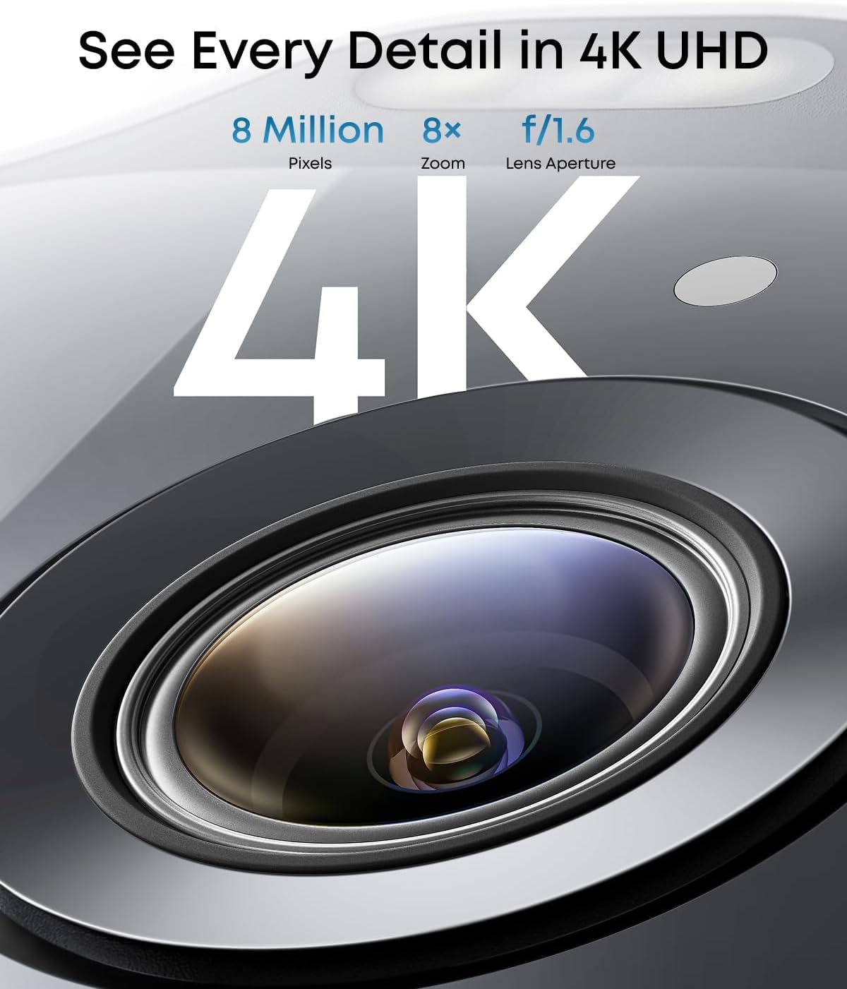 Close-up of eufy Security SoloCam E42 lens, highlighting 4K UHD resolution with 8 million pixels, 8x zoom, and f/1.6 lens aperture.