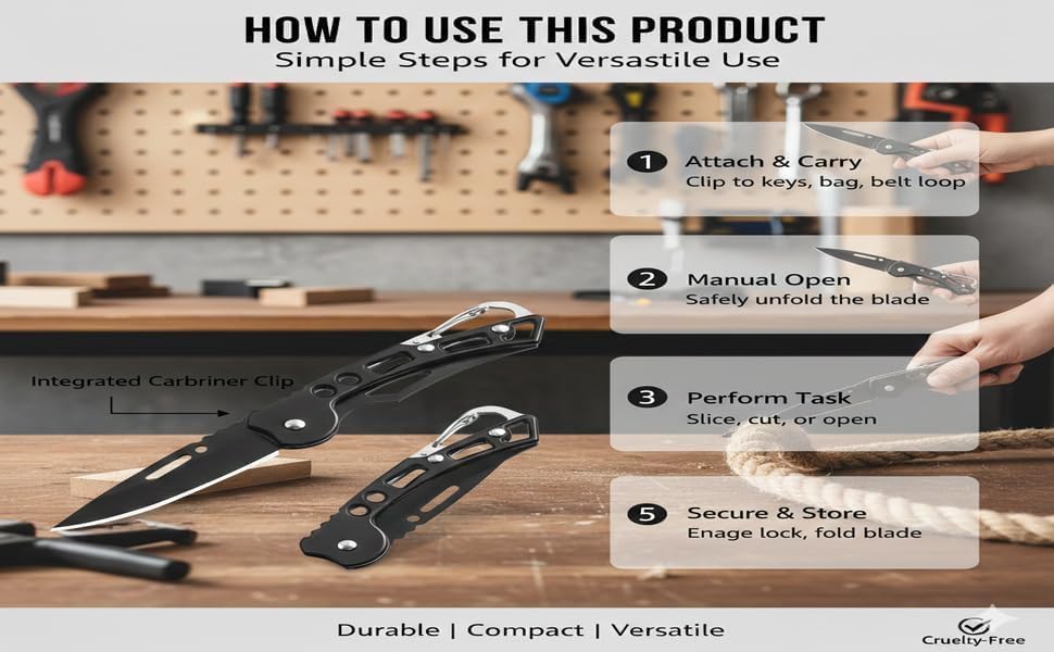Image of Foldable Utility Tool with Stainless Steel Blade | Compact Pocket Cutter for Opening Packages, Rope Cutting & Household Use | Lightweight with Safety Lock (Black, Pack of 1)