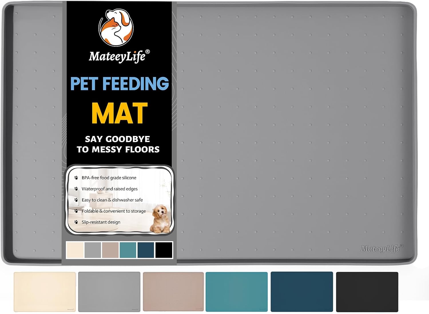 MateeyLife Waterproof Nonslip Dog & Cat Food Mat with Raised Edges - Silicone Feeding Tray for Messy Eaters, 18x12 Grey