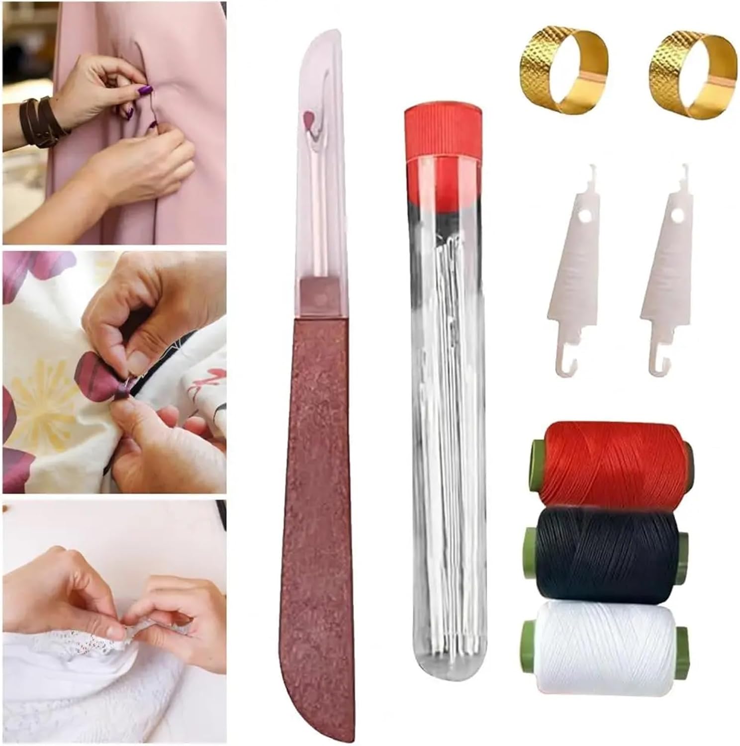 Ktann Steel Needles for Hand Sewing 5 Set Sewing Tools Needles Thread Hand Repair Kit with Thimble Seam Remover for Upholstery Fabric DIY Craft