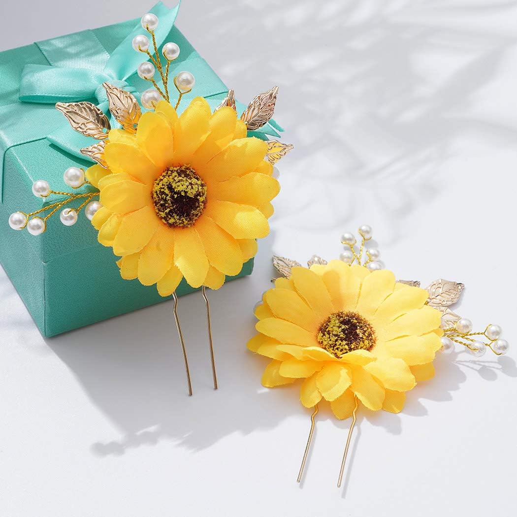 Jakawin Bride Wedding Sunflower Hair Pins Bridal Hair Accessories Hair Piece for Women and Girls 2 PCS HP050