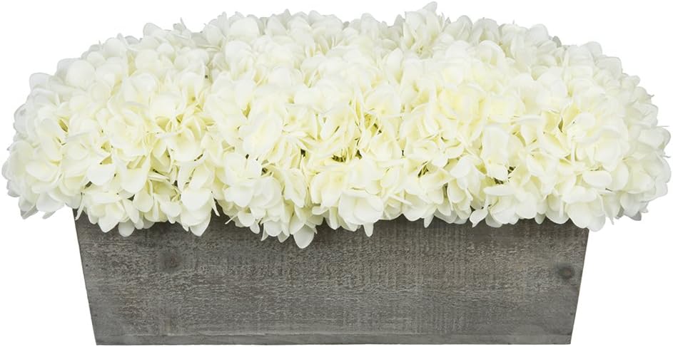 House of Silk Flowers Artificial Hydrangeas in Grey-Washed Wood Ledge (White)