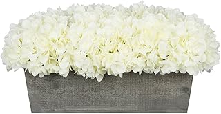 House of Silk Flowers Artificial Hydrangeas in Grey-Washed Wood Ledge (White)