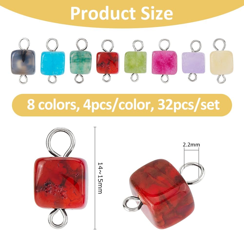 SUPERFINDINGS 32Pcs 8 Colors Natural Gemstone Connector Charms Cube Charms Connectors with 304 Stainless Steel Double Loops - Image 2