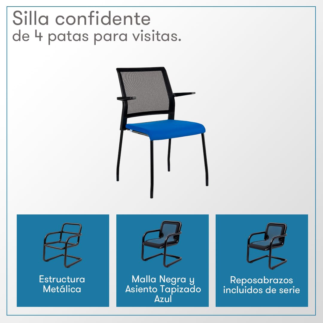 Rocada | Silla Confidente de 4 Patas - Respaldo de Malla Negra - Asiento Tapizado Azul - Reposabrazos Incluidos - Estructura Negra - Modelo RD938M-3 para Visitas y Reuniones