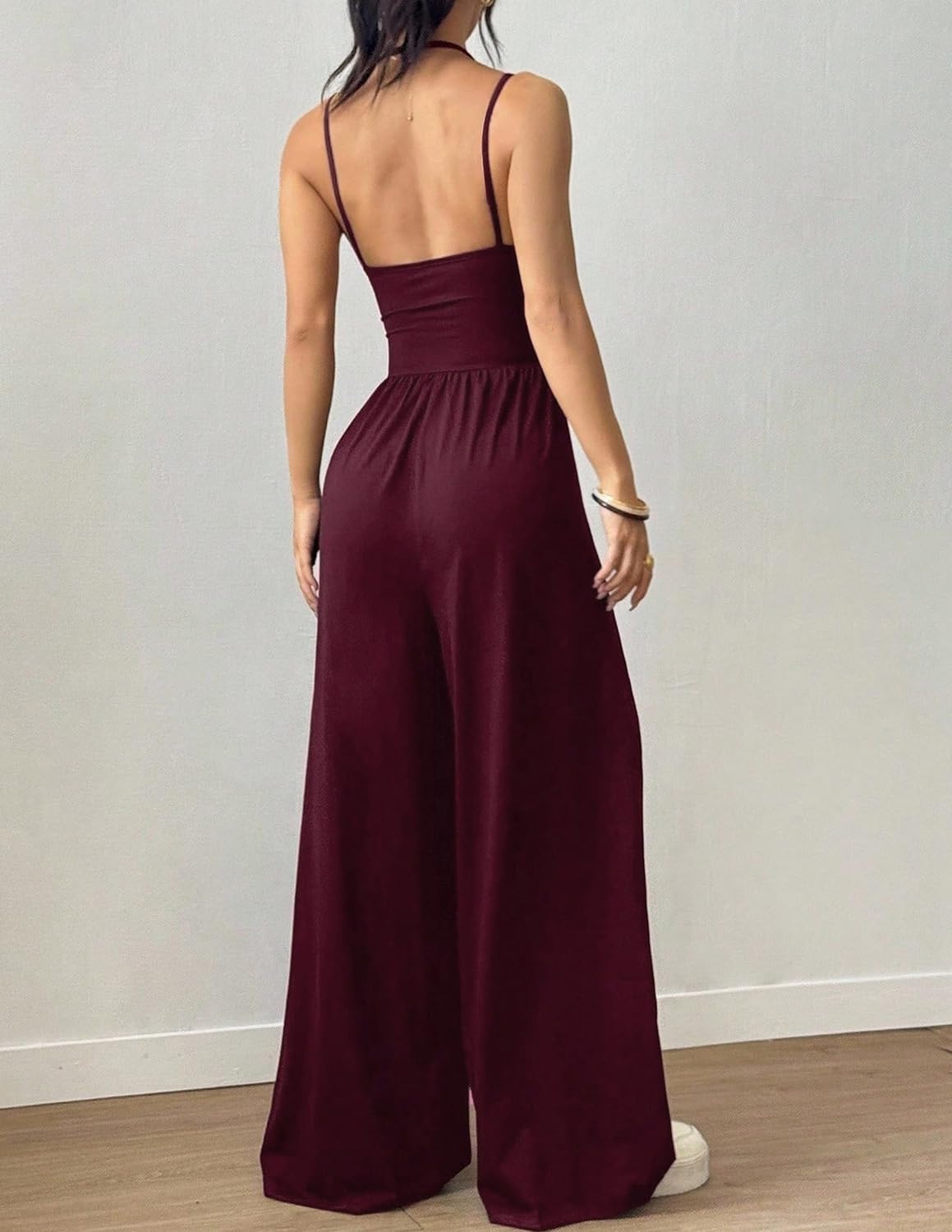 LIAMERHE Mono Largo Mujer Verano Elegante Sexy Cuello Halter Espalda Descubierta Pantalón de Pata Ancha Cintura Alta Casual Jumpsuit para Fiesta Boda Playa Overalls Moda Playsuit