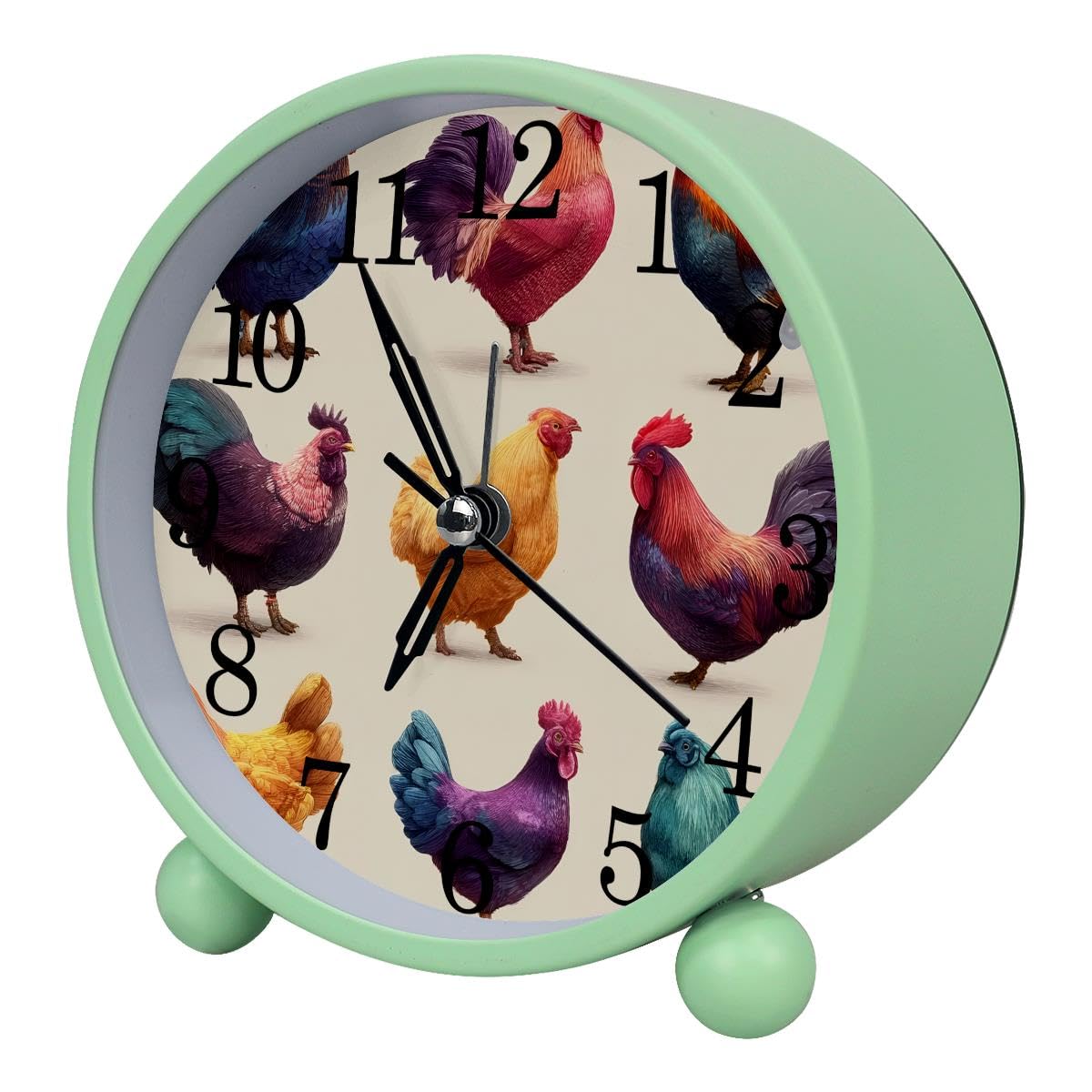 Luoweisi Alarm Clock Farm Rooster, Silent Non-Ticking with Night Light, Round Metal Alarm Clock for Office, Battery Operated, Bedroom, Elderly, Adults, Children, Student Gifts