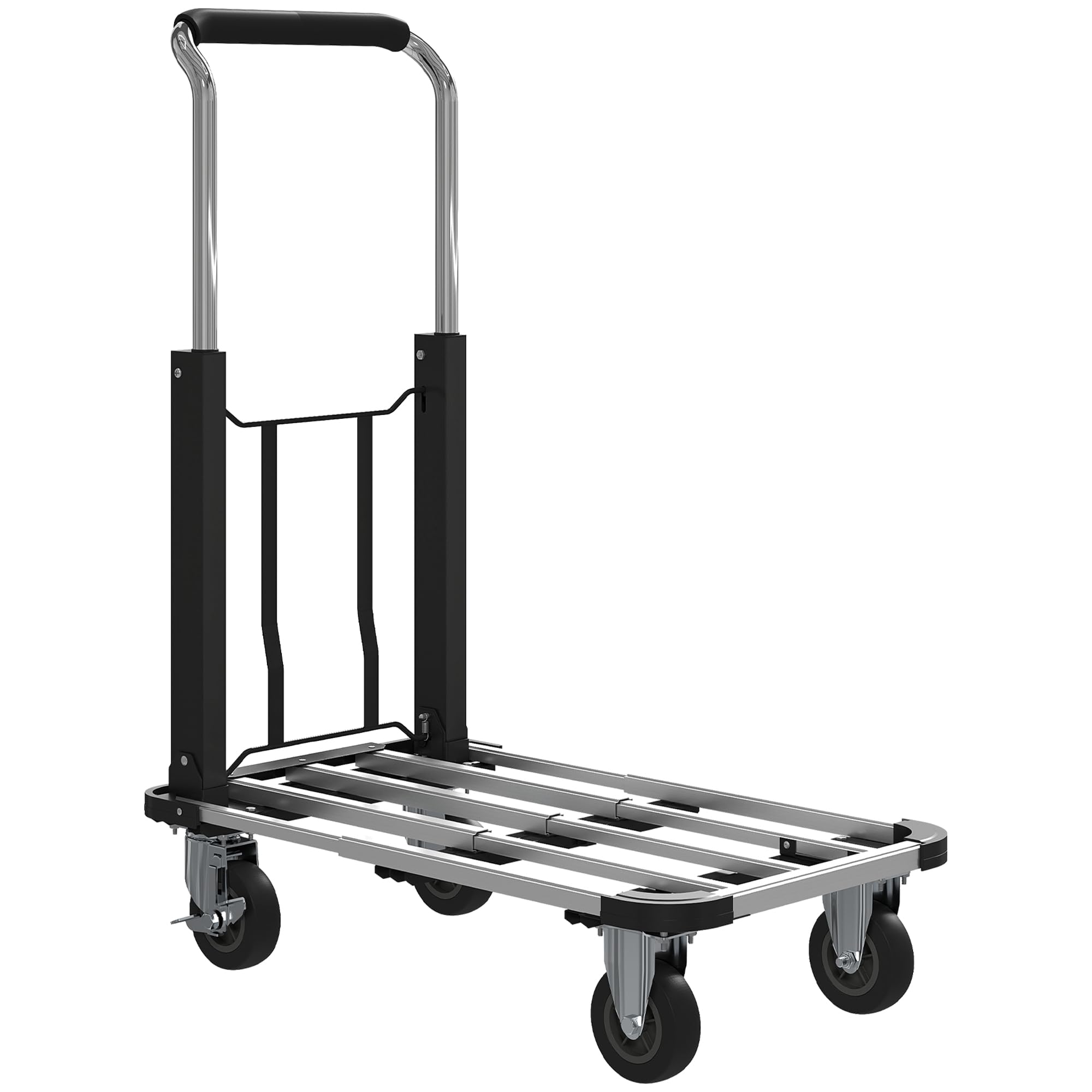 HOMCOM Carretilla Plegable de Aluminio con Ruedas, Carga 150 kg, Carretilla de Mano Robusta con Plataforma Extensible y Mango Ajustable, para Garaje, Oficina, Equipaje, Viajes y Compras, Plata y Negro
