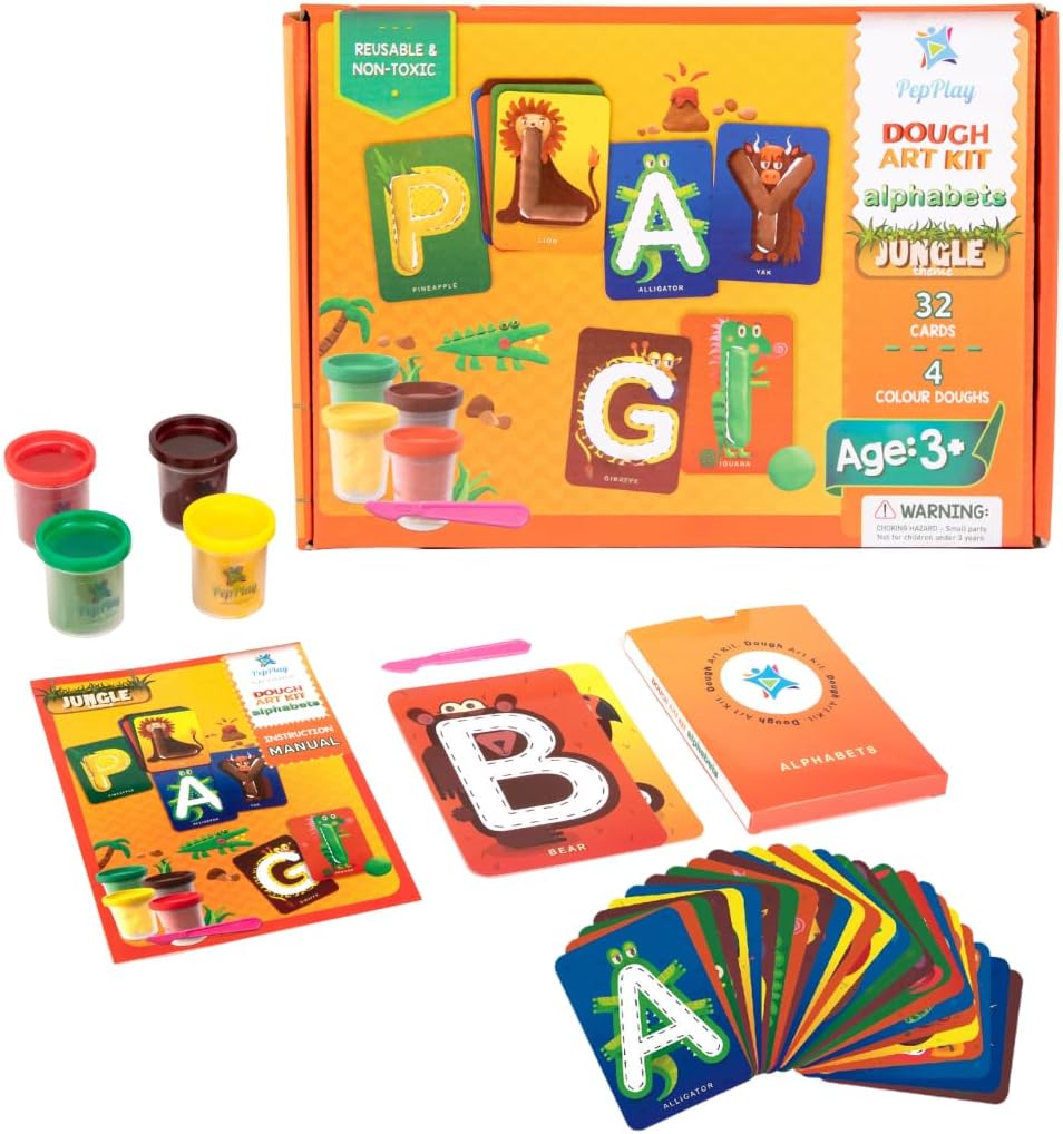 PepPlay Dough Art Kit for Kids | DIY Kit | Long Lasting Soft & Non-Toxic Clay | 32 Cards with 4 Colours - Alphabets Theme | Pre-School Learning | Birthday and Return Gift for Kids 3+