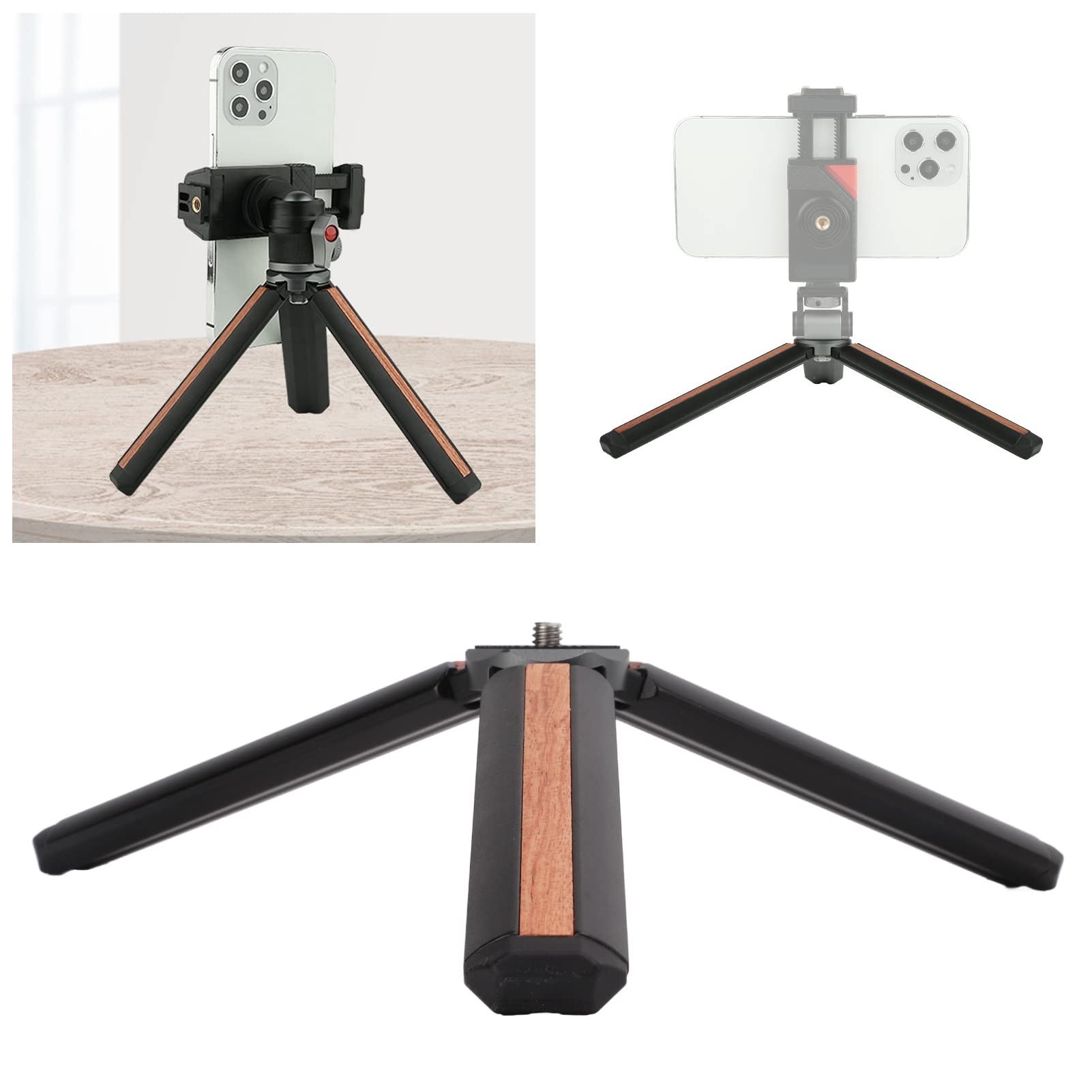 Treppiede da tavolo con vite da 1/4", lega di alluminio + treppiede in palissandro brasiliano per smartphone, fotocamera, live streaming e webcam