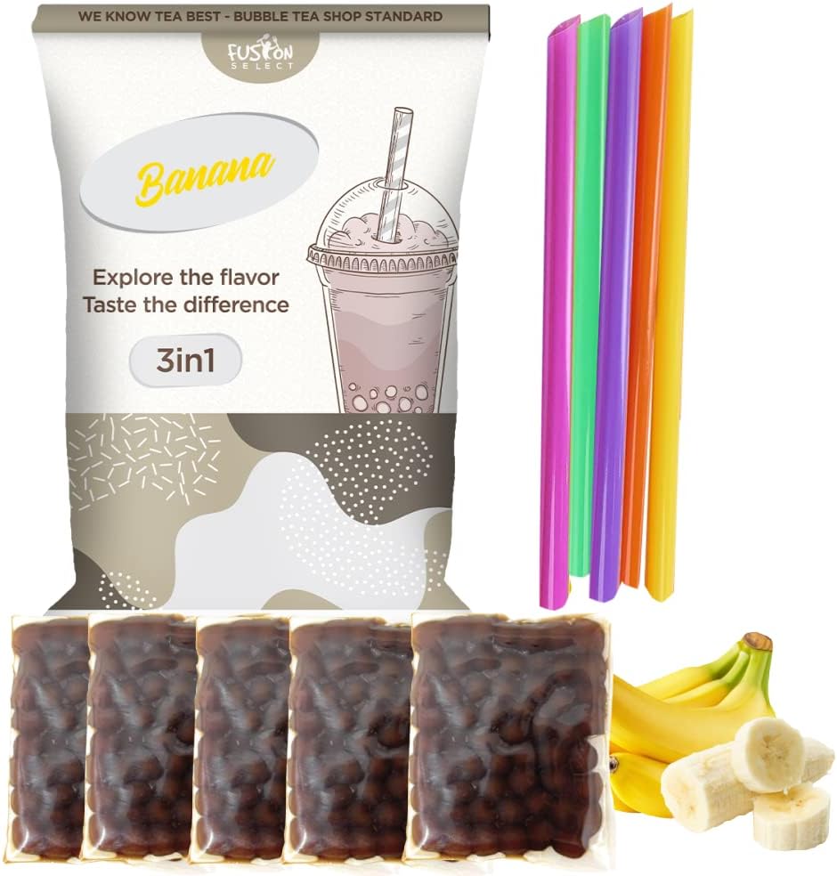 Fusion Select Authentic Banana Bubble Tea Kit Extra Rich Boba Tea Drinks, Boba Tapioca Pearl, Boba Straws, Complete Boba Kit