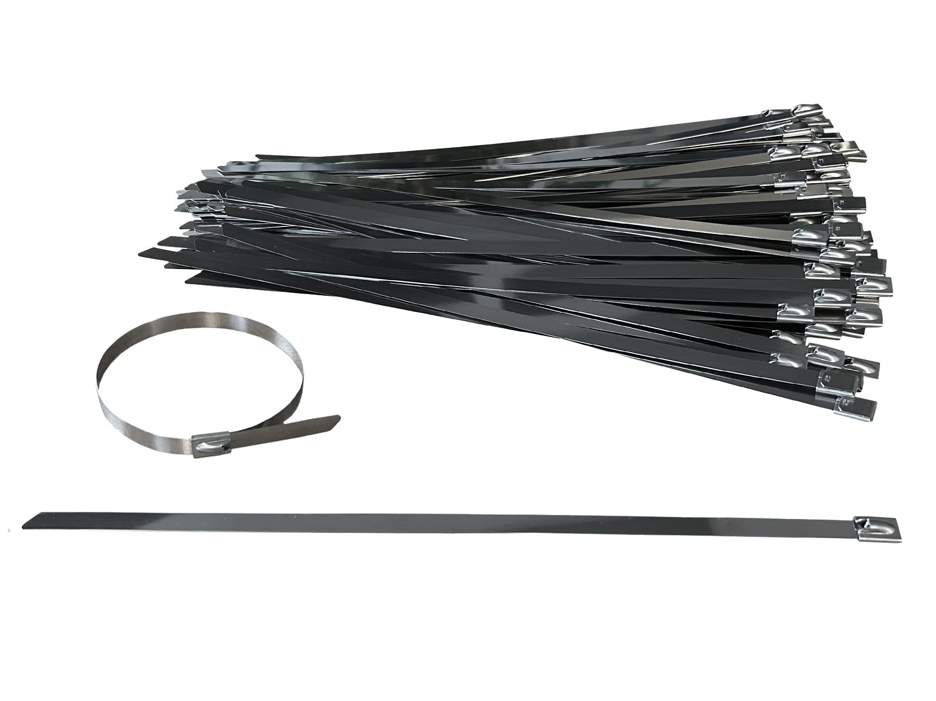 Fascette per cavi in acciaio inox, 3000 mm x 7,9 mm, argento metallizzato, confezione da 25 pezzi, chiusura a sfera autobloccante